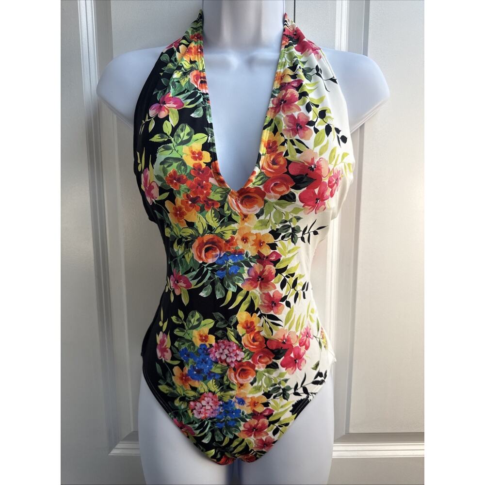Johnny Was L Spring Halter One Piece Swim Suit Floral Plunging $198 NWT - Picture 5 of 13